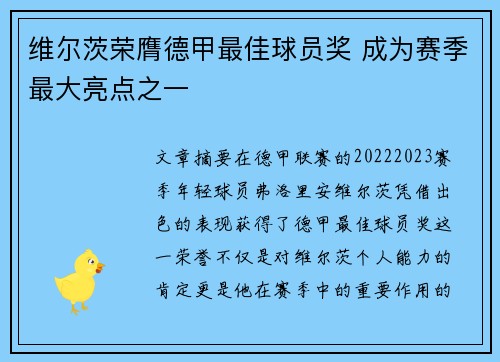维尔茨荣膺德甲最佳球员奖 成为赛季最大亮点之一